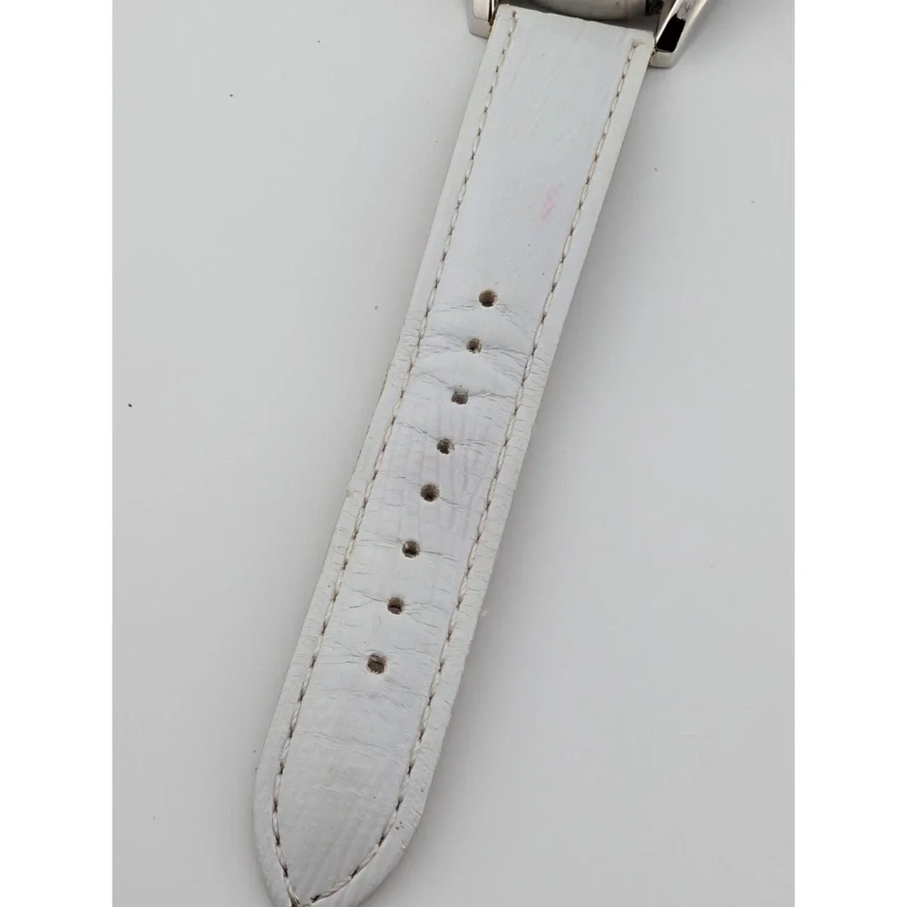 Women's‎ Quartz Watch 36mm Case Pave Bevel White Faux Leather Band- New Battery